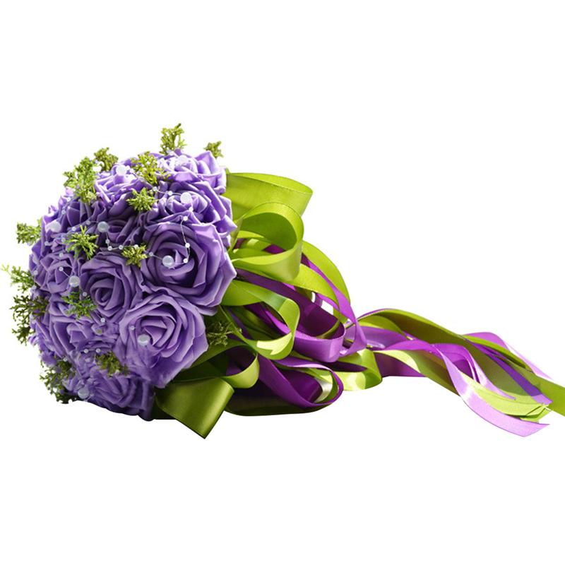 Handgemaakte Pastorale Kunstmatige Nep Bloemen Boeket Simulatie Rozen Parels Bridal Holding Toss Boeket Voor Bruiloft Gunsten: Paars