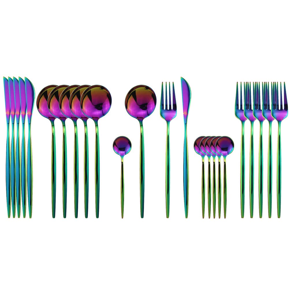 Ensemble de 24 couverts en acier inoxydable, couverts noirs, cuillère, fourchette 304 couteau, couverts occidentaux pour mariage, sécurité lave-vaisselle: Arc-en-ciel 24 pièces
