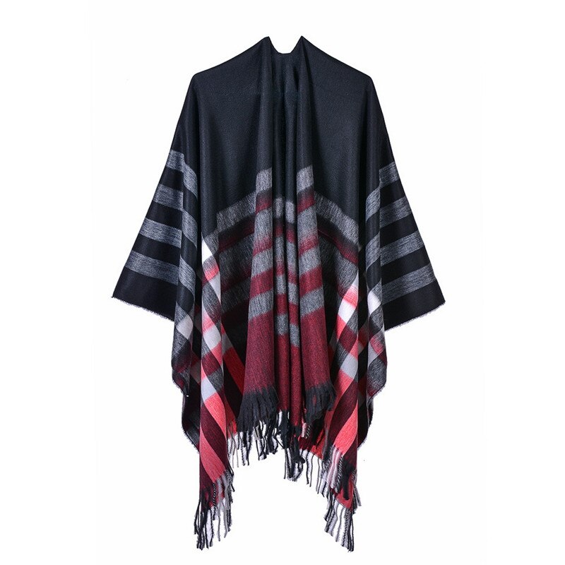 Efterår vinter plus size varme stribede ponchoer og kapper til kvinder oversized sjaler omslag cashmere pashmina kvindelig bufanda: 1