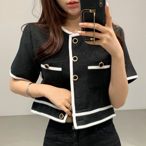 Gagarich damesjas koreaanse stijl chique ronde hals kleur bijpassende chique enkelrijs rechte dunne navel cropped jas top: Zwart / M
