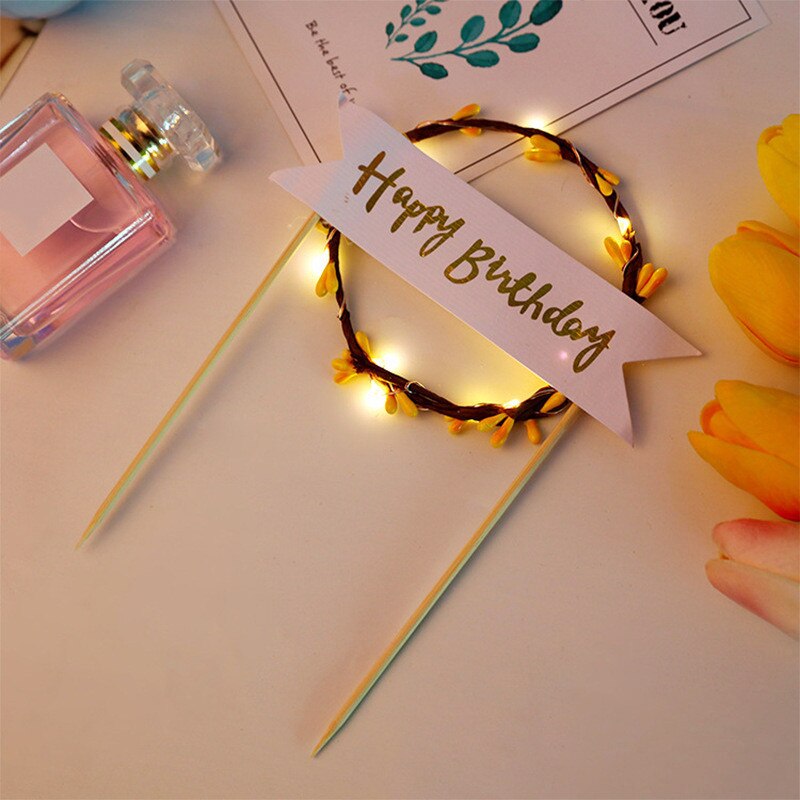 LED Glowing Flower Wreath Cake Topper Happy Birthday Cake Decor for Birthday Party Gold Leaves Cake Toppers