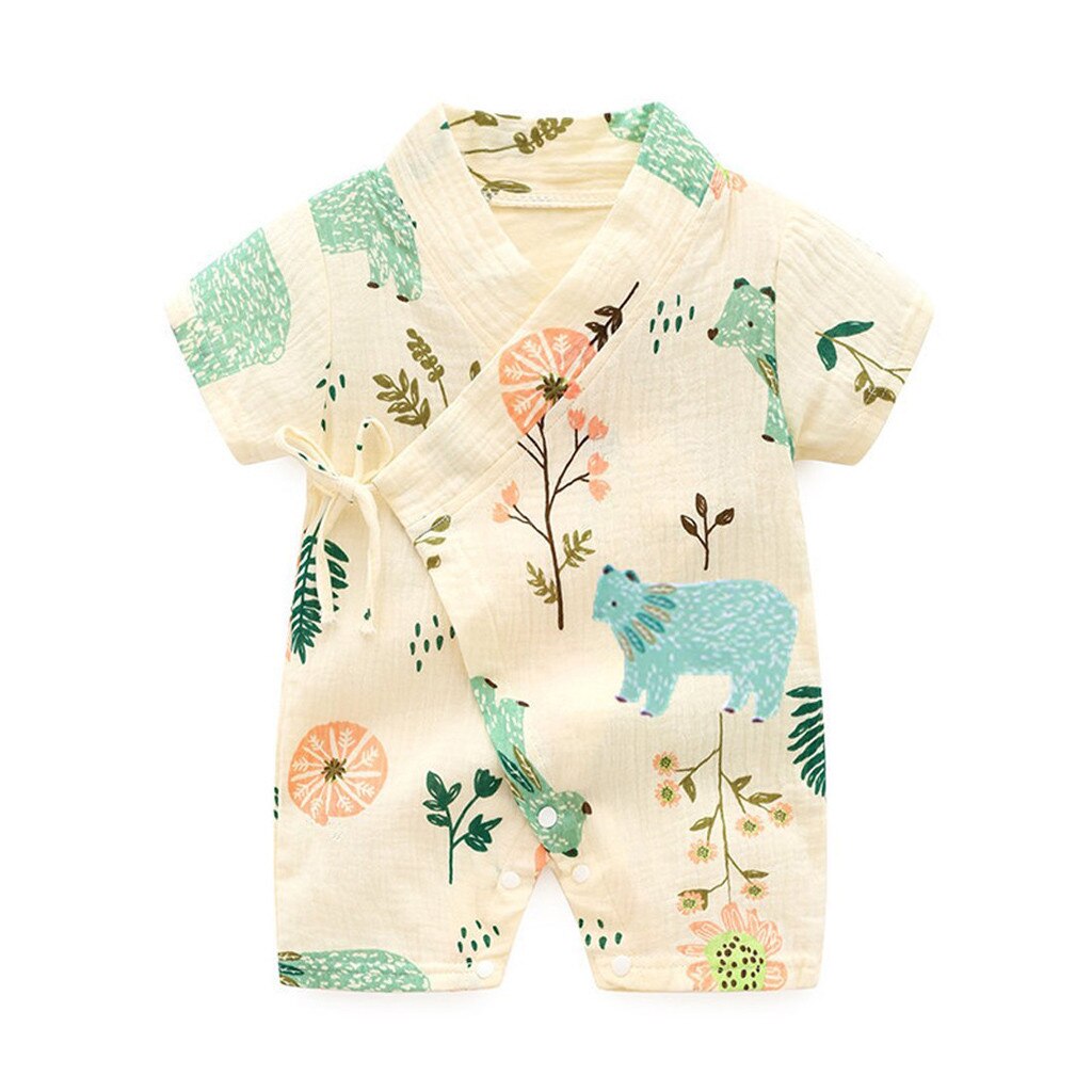 Infant Baby Boys Girls Cartoon Yarn Robe Kimono Romper Toddler Short Sleeve Jumpsuit Newborn Summer Cotton Sleepwear Costumes: Yellow  / 24M