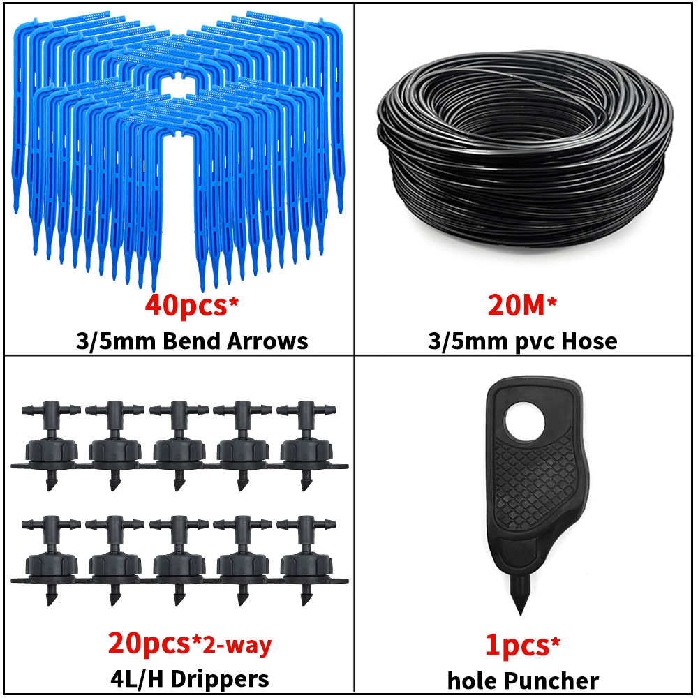 WUJIE-sistema de riego por goteo para jardín bonsái, sistema de riego de 4 vías, 3/5mm, Flecha de goteo, transmisor de 2 vías, juego de 10/20: Negro