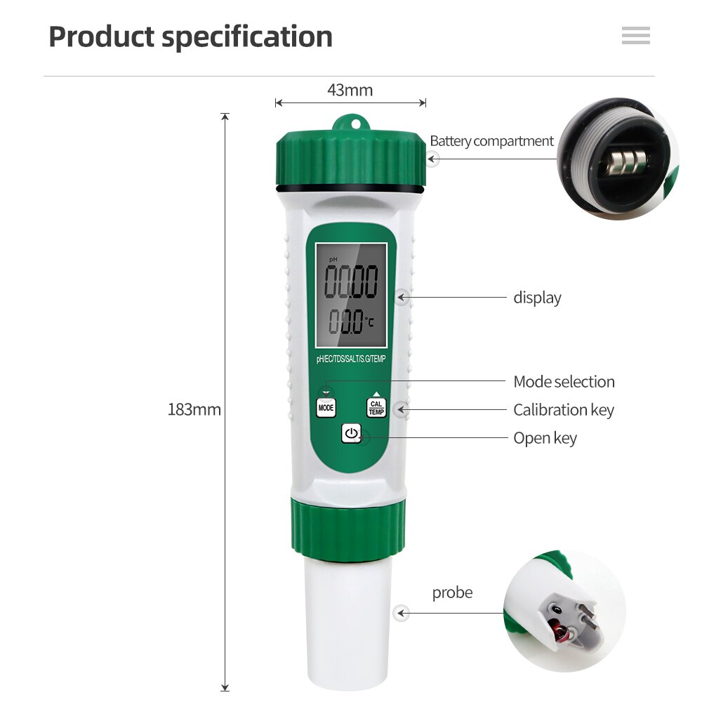 Testeur Eau 5-en-1 TDS/EC/Salinité/Température - Pour Piscine, Aquarium, Eau De Mer - Écran LCD Rétroéclairé