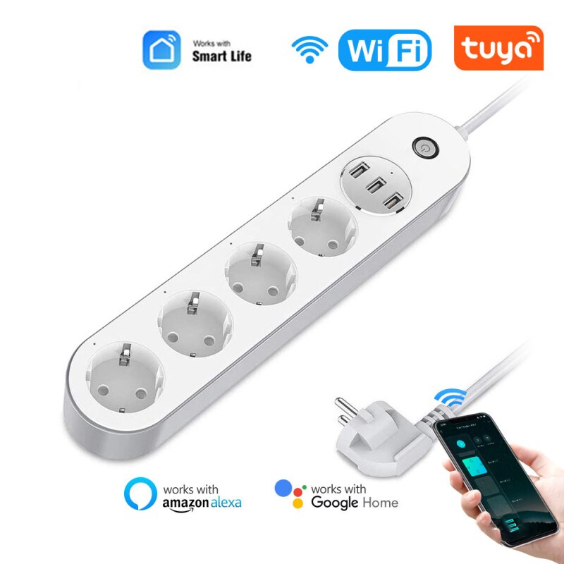 Wifi Smart Power Strip 4 EU Outlets Plug with 3 USBCharging Port Timing App Voice Control Work with Alexa Google Home