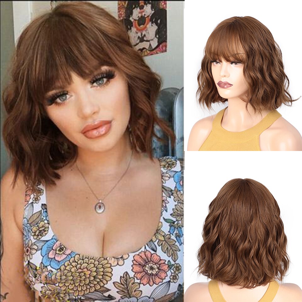 SUe EXQUISITE Wavy Wig 12'' Short Bob Wigs With Air Bangs Shoulder Length Women's Curly Wavy Short Wig for Halloween Costume: MS1936-10-12-30