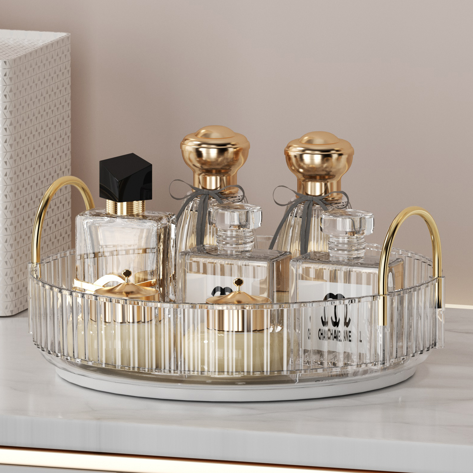 Rotating Makeup Organizer for Vanity 3 Tier Skincare Organizers Large Storage Bathroom Countertop Clear Cosmetic Holder Dresser: Ivory