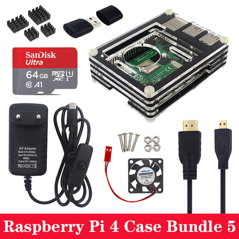 9 Layers Acrylic Case for Raspberry Pi 4 Model B with Cooling Fan Aluminum Heat Sink Power Supply Adapter Charger for Pi 4: Bundle 5