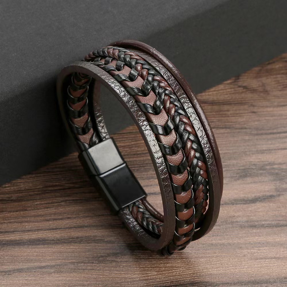 1 Men's Wish Stainless Steel Leather Bracelet With Curved Pu Leather Woven Bracelet For Travel Wear And Accessories-805091: brownish yellow