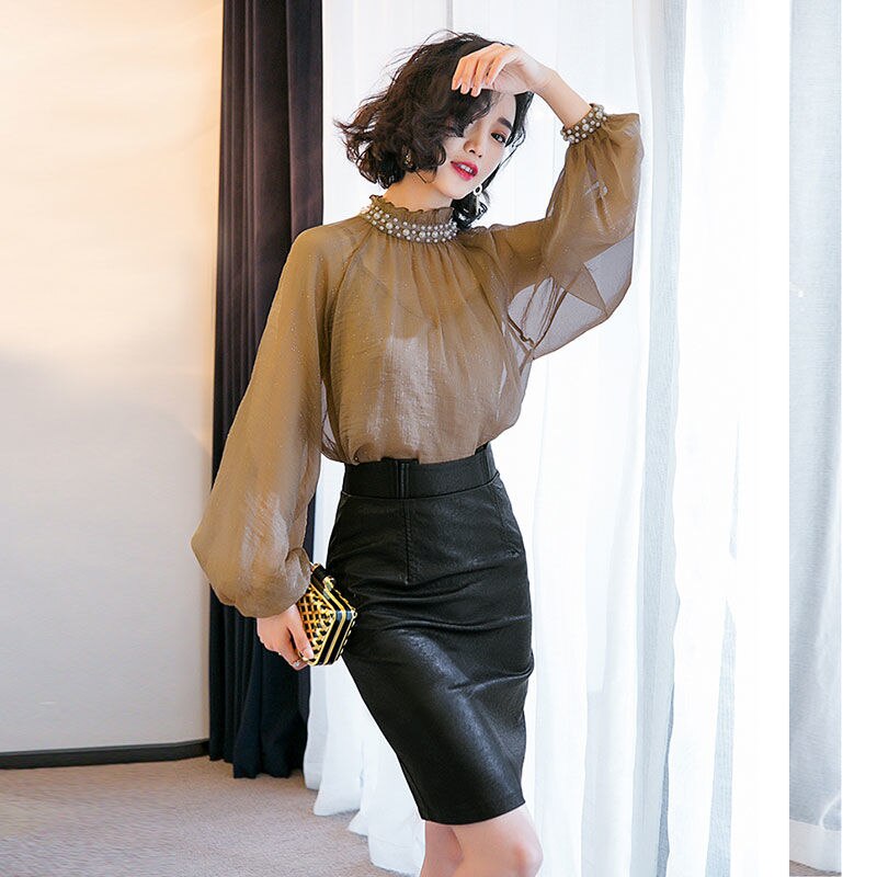 Conjunto de ropa de 3 piezas para mujer, camisas de manga larga de linterna, blusa holgada con cuentas de perlas, Tops de PU, conjunto de trajes de falda ajustada NS975