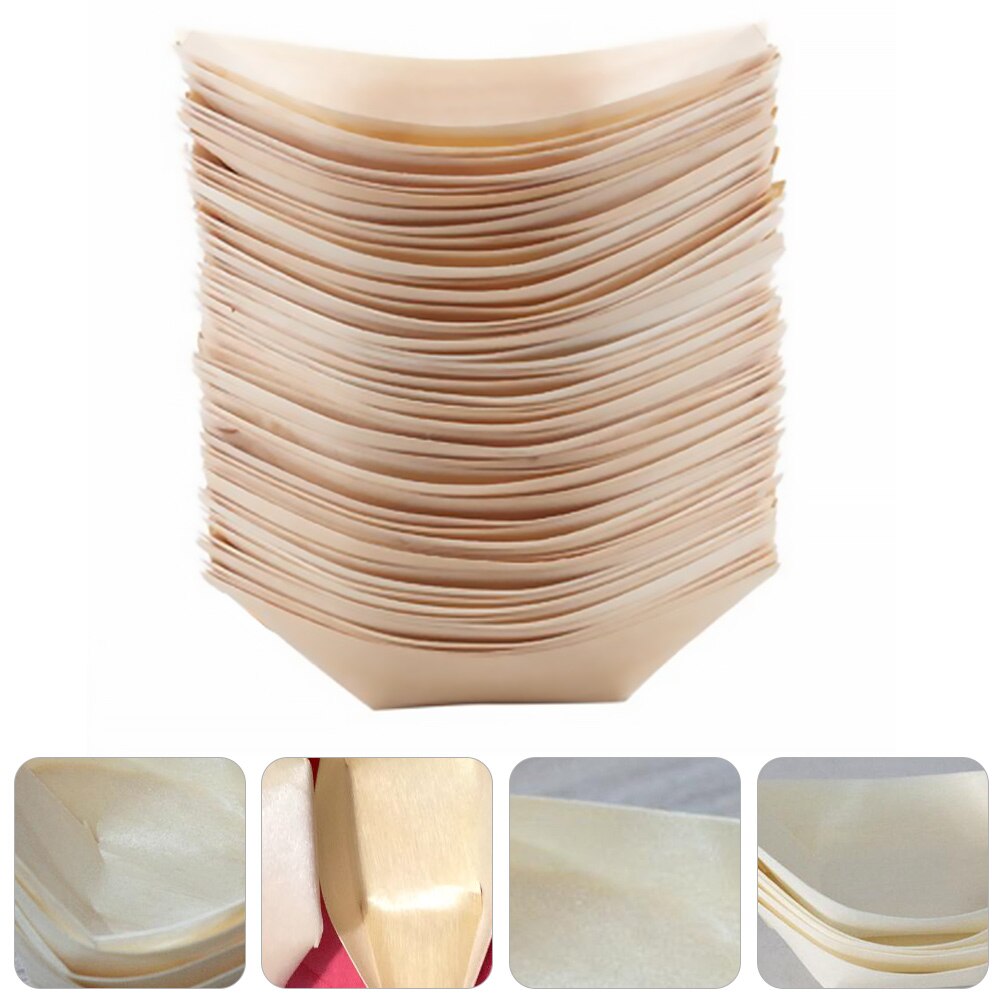50pcs Wooden Tableware Snack Containers Disposable Food Containers Snack Bowl: 3 inch8.5X6X3CM