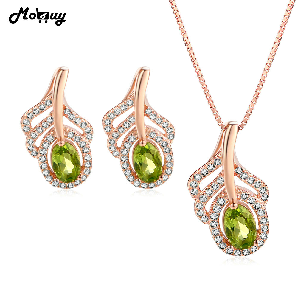 MoBuy Grün Peridot Natürliche Edelstein 2 stücke Schmuck Sets 100% 925 Sterling Silber Für Frauen Engagement Party Feine Schmuck V045EN