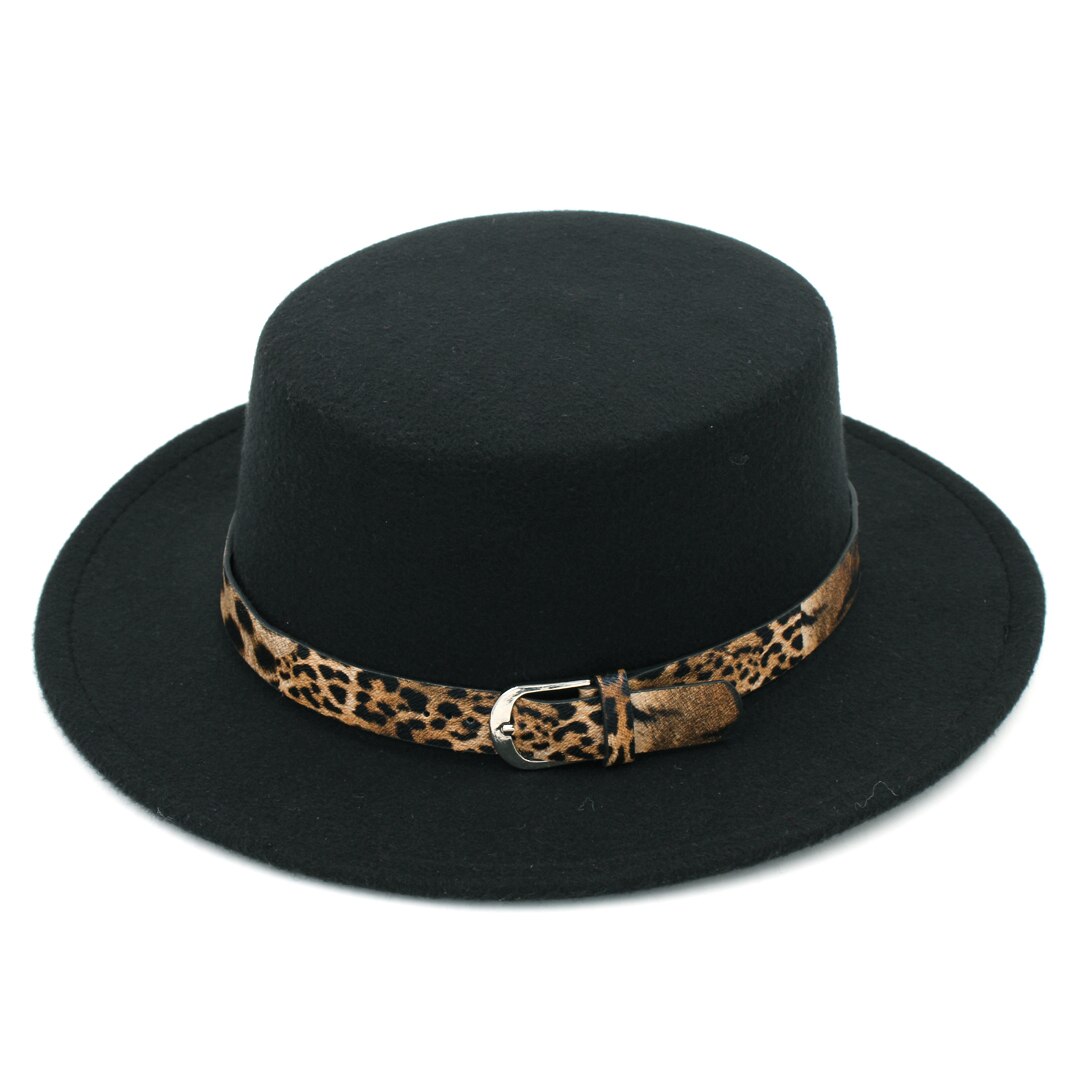 Mistdawn damer kvinder uld blanding sejlerhat sømand bred skygge flade top kasketter bowler hatte leopard læder bånd: Sort