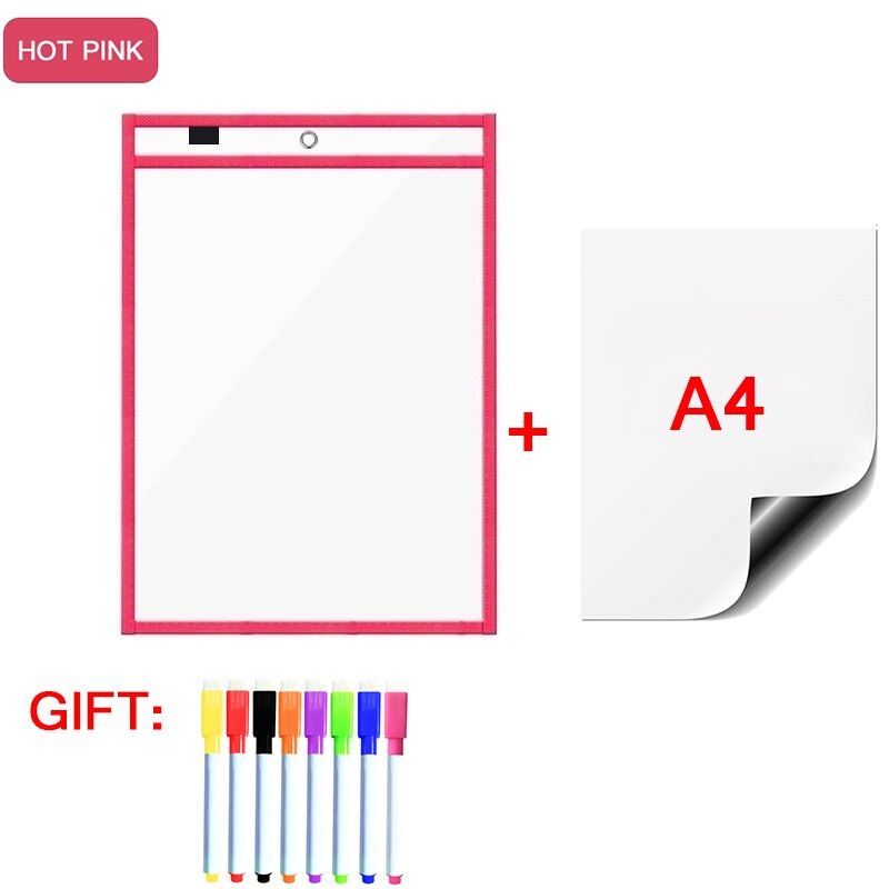 Magnetic Whiteboard Soft Dry Erase Pockets Bags Write Wipe Drawing Writing Classroom Teaching Supplies Reusable Magnet Markers: HotPinkA48P
