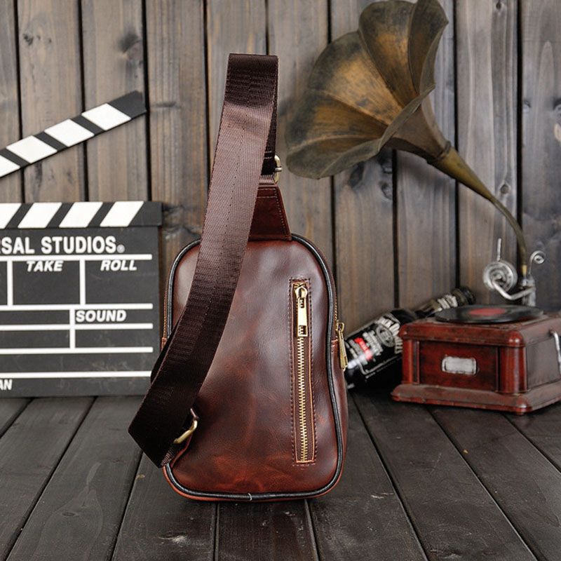 Heren pu leren borstfietstas, schoudertas, kleine dagrugzak, portemonnee (koffie)