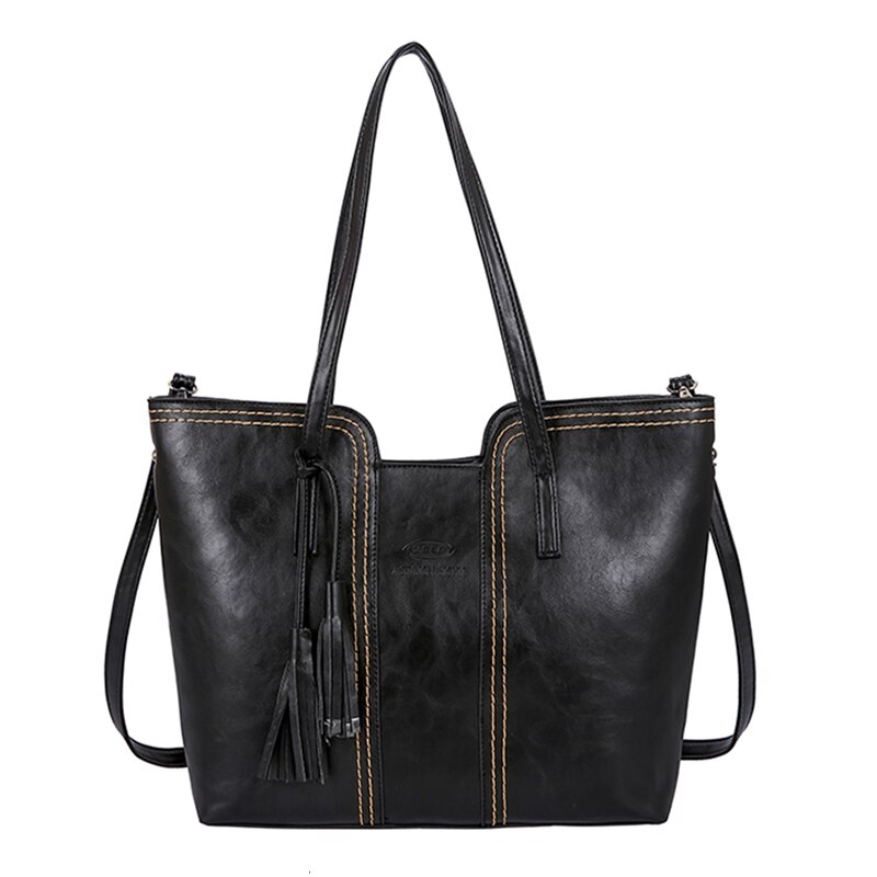 Luksusmærke kvinder håndtaske kvindelig taske læder skuldertasker damer høj kapacitet vintage messenger tasker: Sort