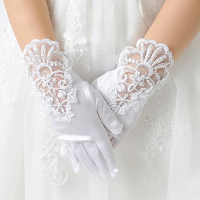 freundlicher Weiß Elastische Gittergewebe Tuch Mädchen Party Formale Etikette Handschuhe Perle Kurze Spitze Bogen freundlicher Prinzessin tanzen Handschuhe G79