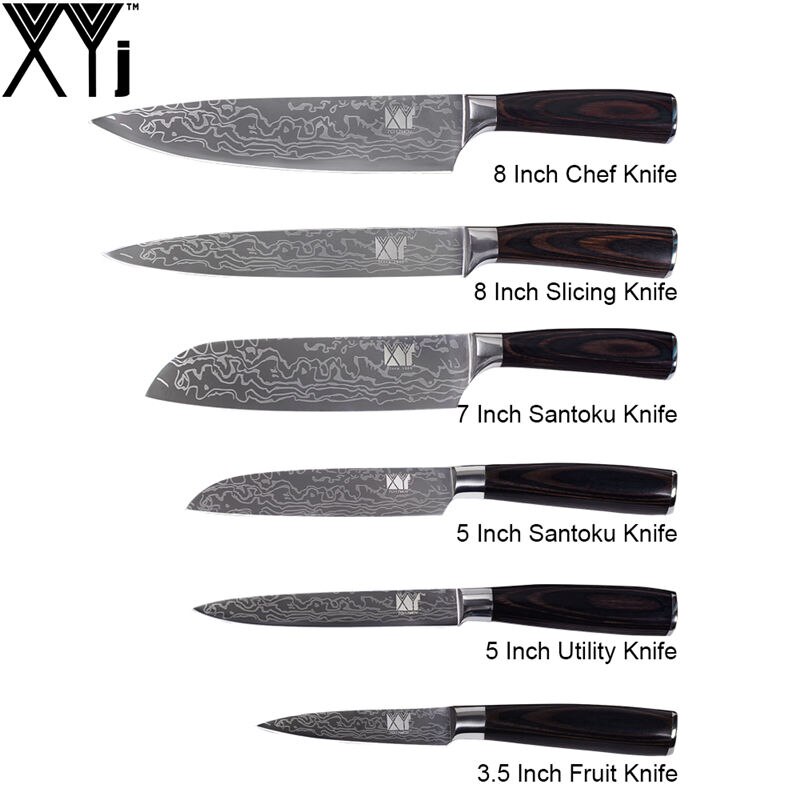 XYj Damascus Pattern Veins Blade Chef Knives Set Stainless Steel Wood Handle Bread Slicing Santoku Utility Knife Cover Sheath: 6PCS-5 XYJ LOGO