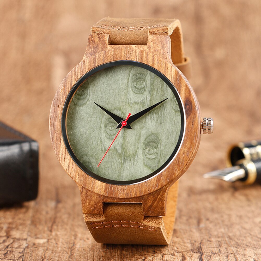 Unisex houten ronde wijzerplaat, kunstleren band, geen nummer, analoog quartz polshorloge, quartz horloges in hout, klok, paarhorloge