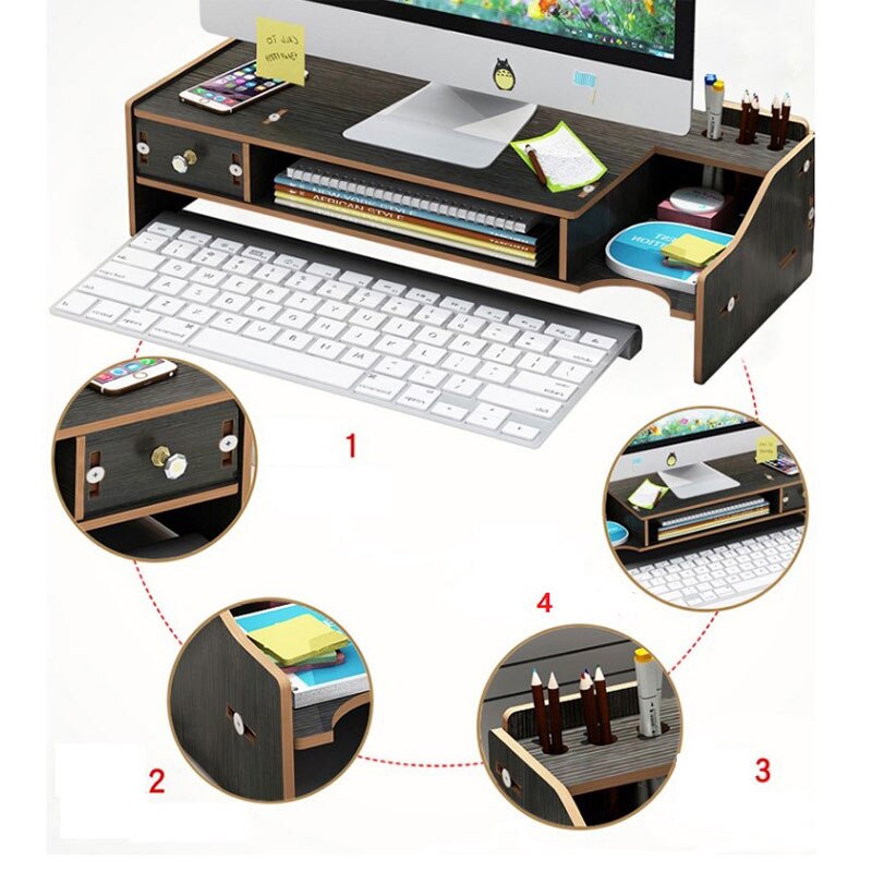 Multi-function Desktop Monitor Stand Computer Screen Riser Wood Shelf Plinth