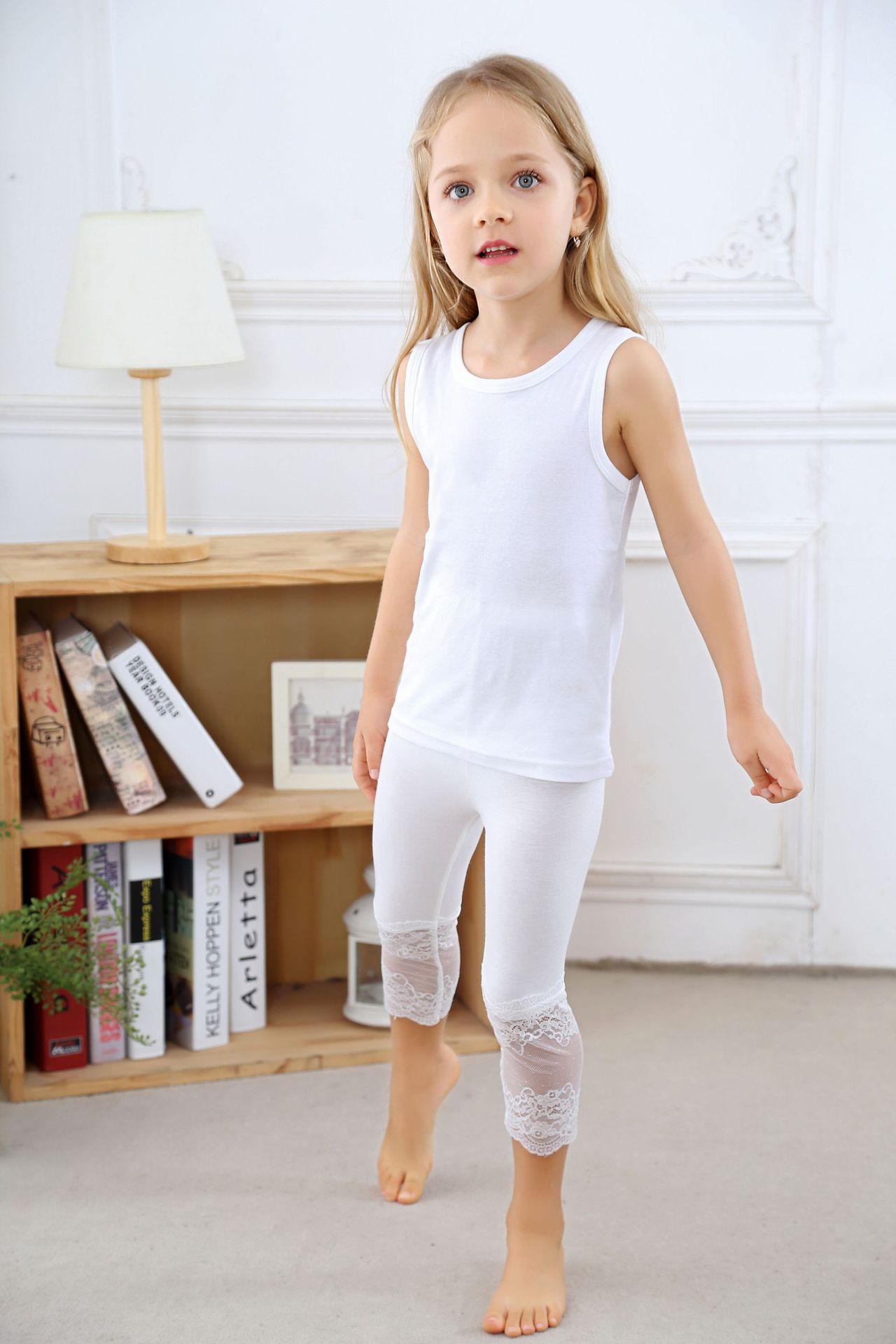 Broek Leggings Capri Zomer Modale Kant Kinderen Meisjes Stiksels Candy-kleurige Leggins: WHITE / 120 5T