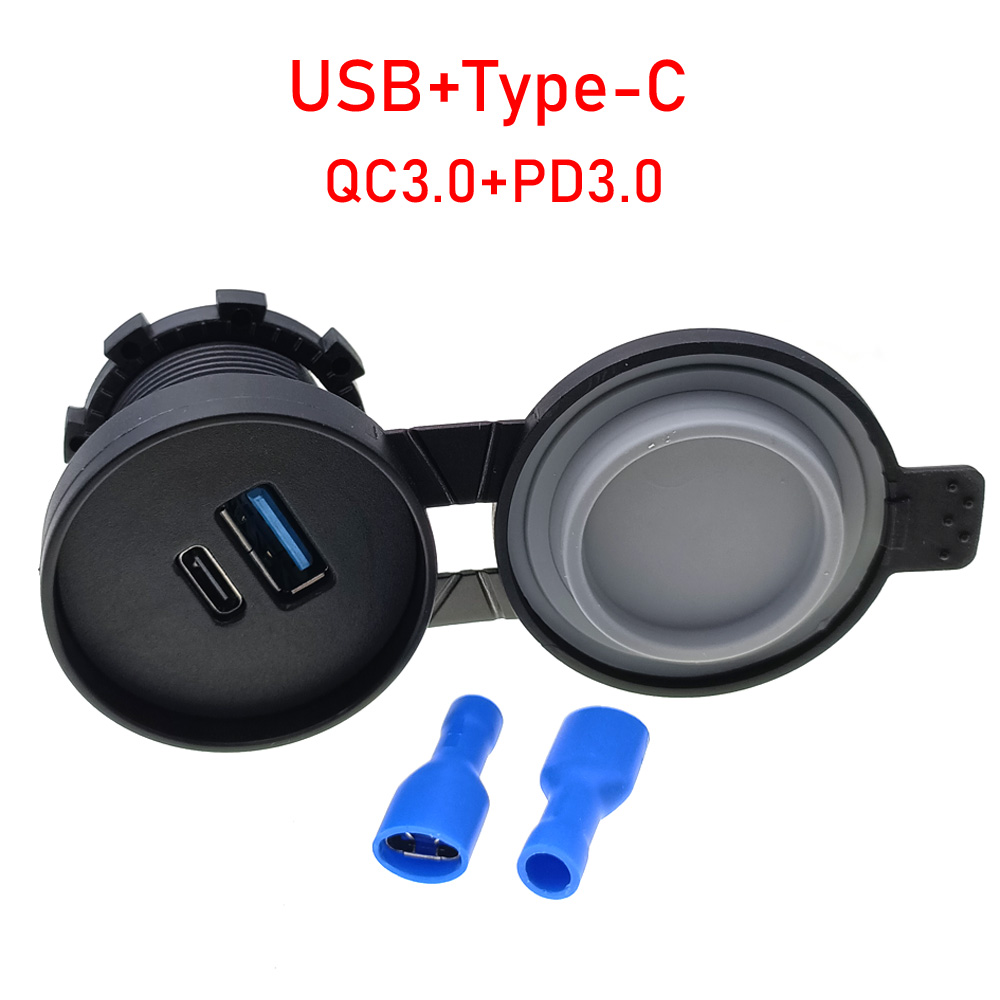 12-24v biluttag med dubbla typ-c-uttag,  pd3.0 qc3.0 usb-snabbladdningskontakt för telefon, vattentät adapter för bilar och båtar: Mörkgrå