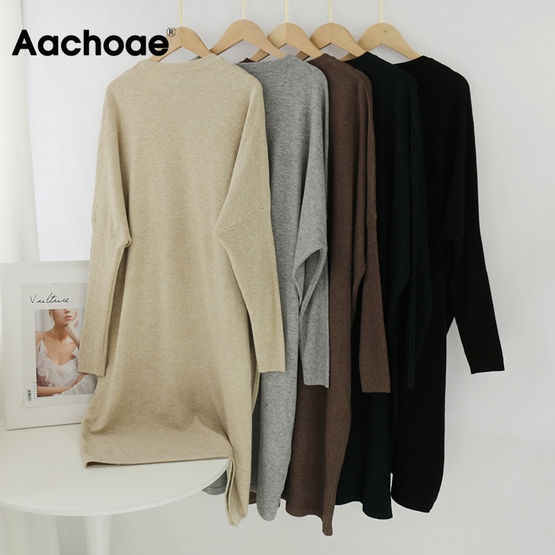 Aachoae lös o hals stickad tröja klänning kvinnor solid batwing långärmade mjuka klänningar hemstil casual midiklänning vestidos