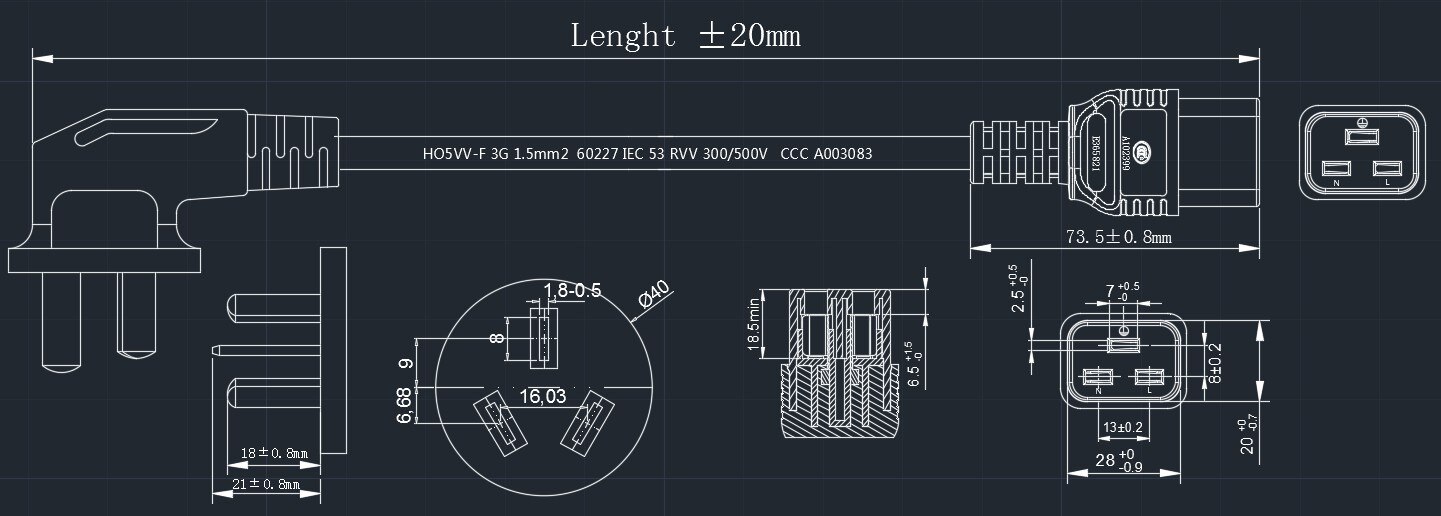 CN China Power Cord China Plug IEC C19 Power Extension Cable 1.8m 1.5mm For UPS PDU 16A