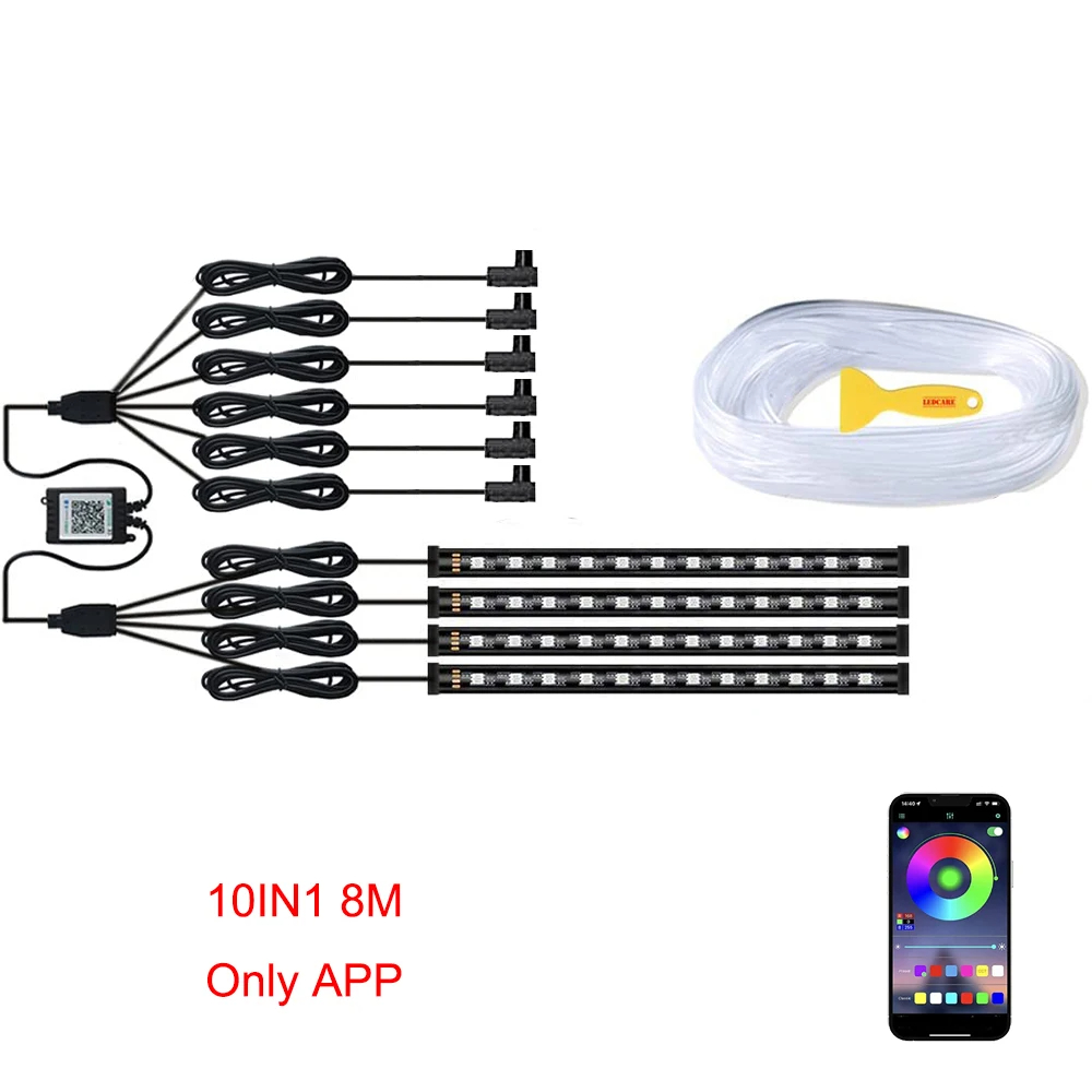 Iluminación LED ambiental de neón para coche, 6 en 1, 8m, RGB, tira de luz Interior de ambiente, Control por aplicación de fibra óptica, Lámpara decorativa LED automática: Marfíl / Blanco frío