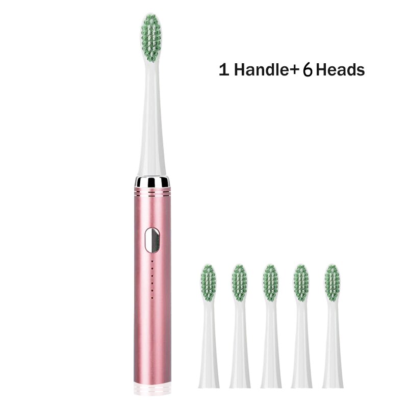 Ultrasonic Electric Toothbrush Adult Set Stainless Steel Waterproof Powerful Electric Toothbrush Sonic USB Charger Whitening: pink 6 heads
