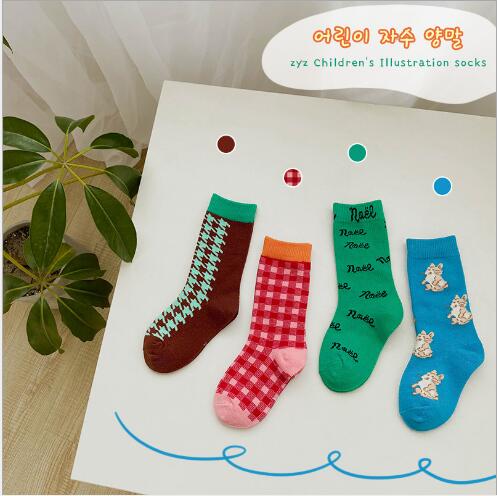 1-8Year 4 Pairs Lente Cartoon Plaid Tube Sokken Jongens En Meisjes Sokken