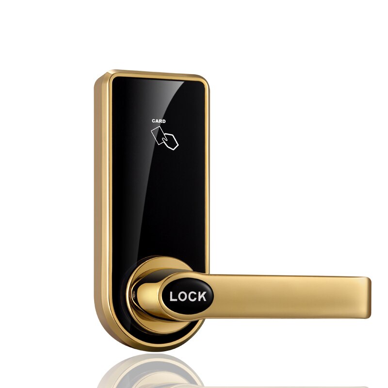 Keyless hotel room security door locks with RFID card reader: Golden