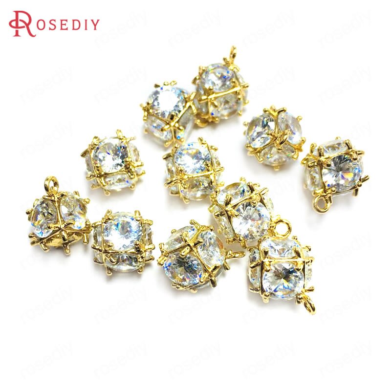 (38109)6PCS Zircon 4MM or 6MM 24K Champagne Gold Color Brass and Zircon Cube Charms Pendants Jewelry Making Supplies Accessories: White / Cube 6-7MM