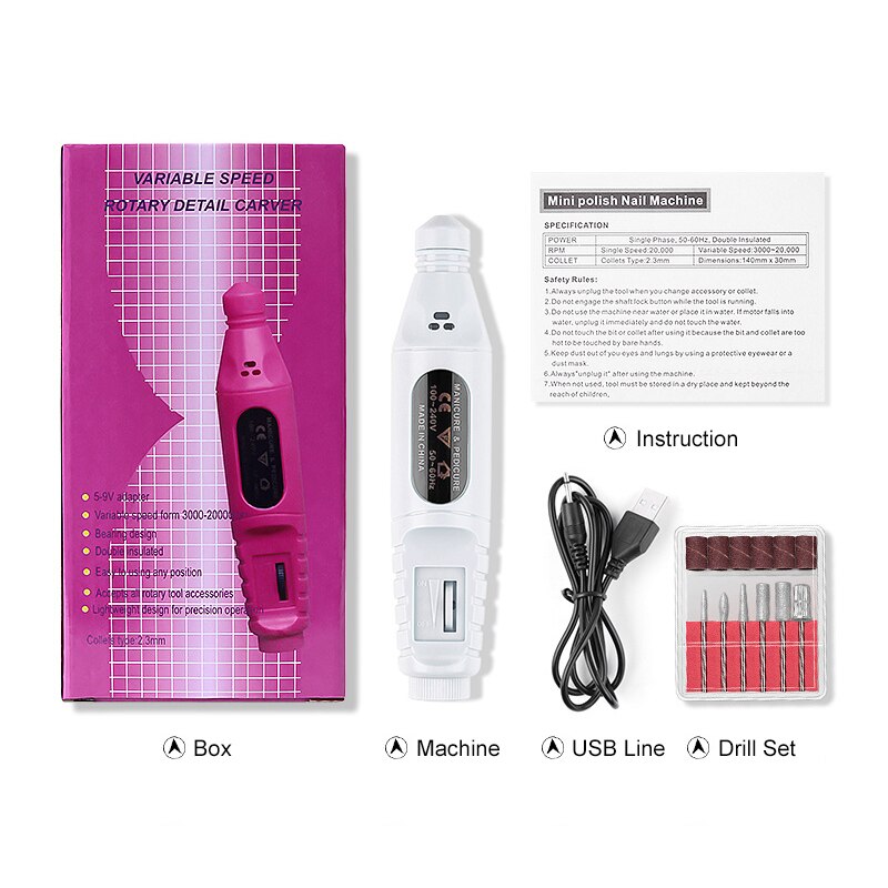 Elektrisk negleboremaskine kit manicure maskine 25000 rpm nail art pen pedicure neglefil negle art værktøjer kit: Hvidt usb stik