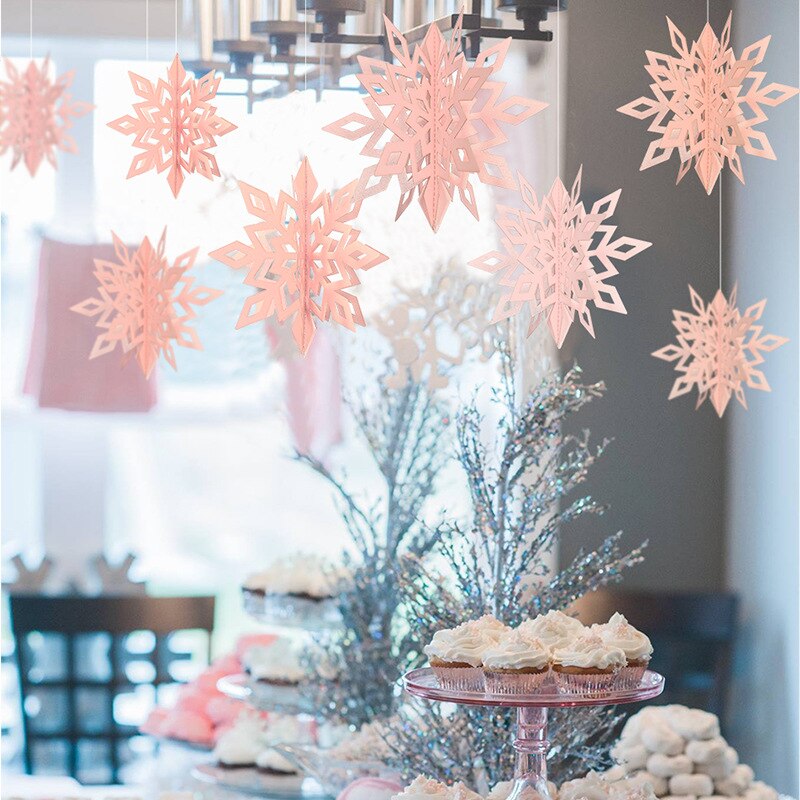 6 stk snefnug hængende dekorationer julefest vedhæng xmas ornamenter hjem år 3 forskellige størrelser 3d snefnug ornamenter: Lyserød