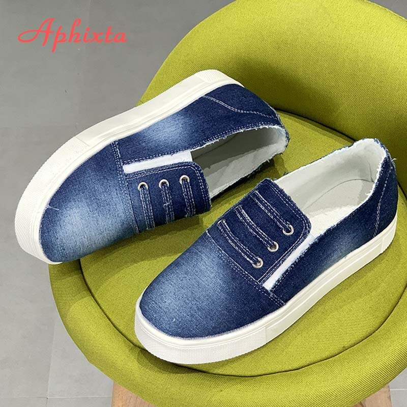 Aphixta plus stor storlek 43 denim tyg plattor skor kvinnor sneakers platt klack skor kvinna jean tyg platåklackar sko