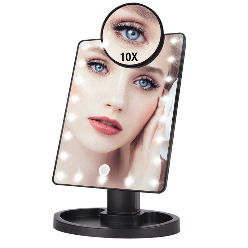 LED Touch Screen Makeup Mirror Vanity 16 LED Lights Beauty Adjustable Countertop 22 Led Rotating Battery USB Charge: Black 22 led lights