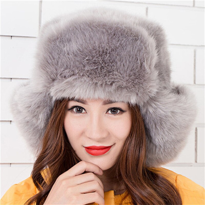 Sombreros de estilo cosaco ruso para mujer, gorros de piel sintética, cálidos, de invierno, con protección para las orejas, color negro, 027: Gray