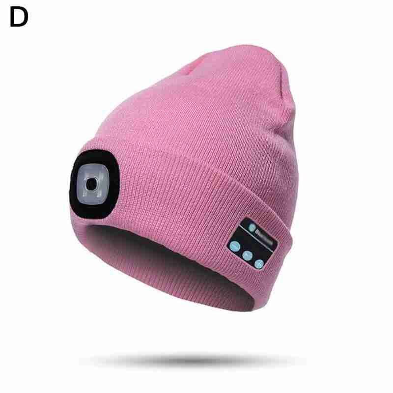 Stickad mössa för vinter med lätt hörlur bluetooth led-ljus självlysande utomhus bergsbestigning handsfree musik hörlursmössa: D