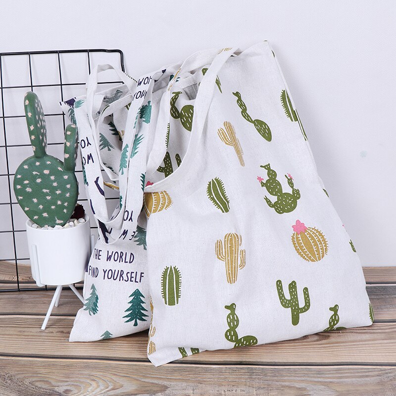 1pc Reusable Foldable Shoulder handbag Pine cactus linen bag Women Canvas Bags shopping outdoor canvas shoulder bags