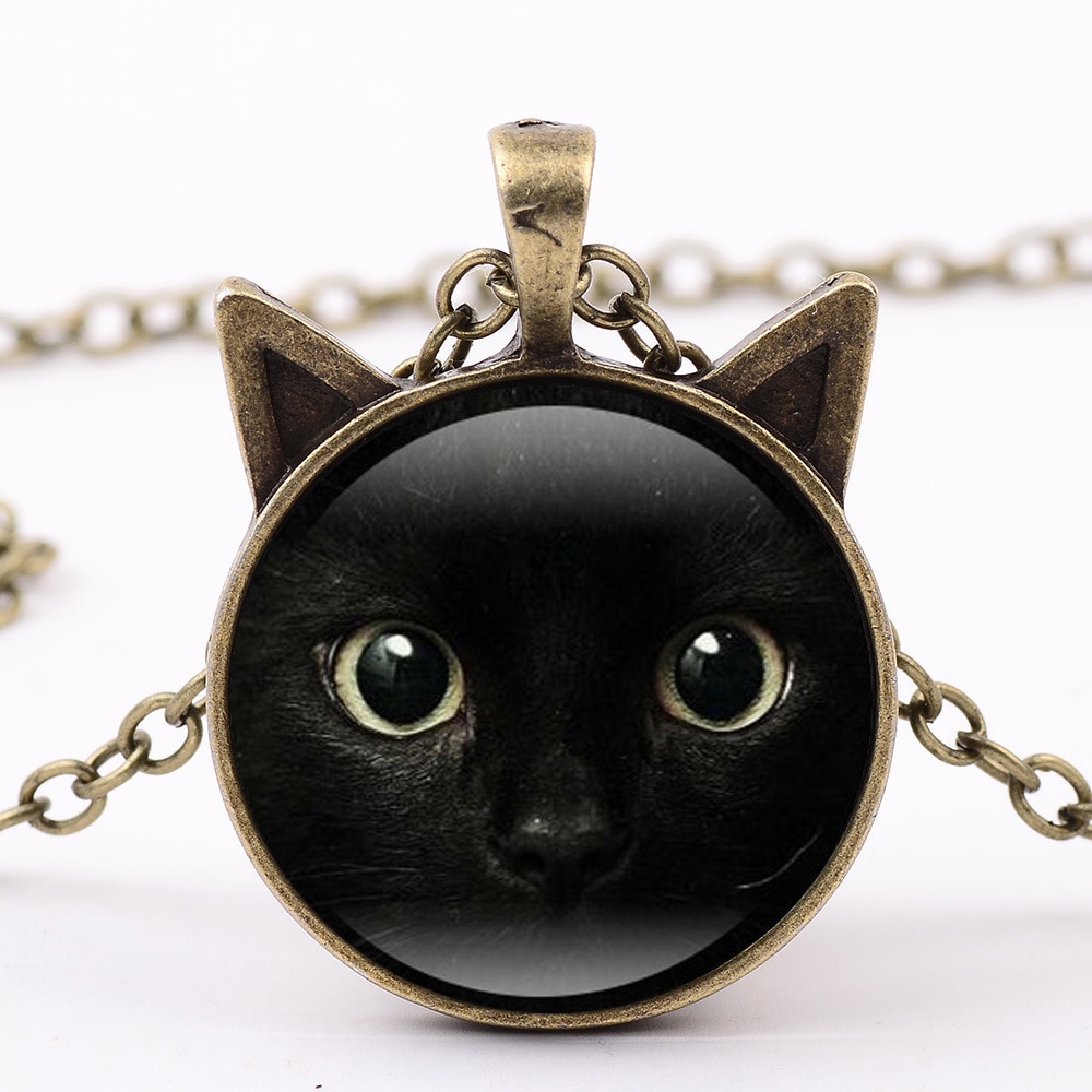 painting black cat Necklace for pet lovers Cat Pendant with two ears Jewelry Glass Cabochon girl's for her