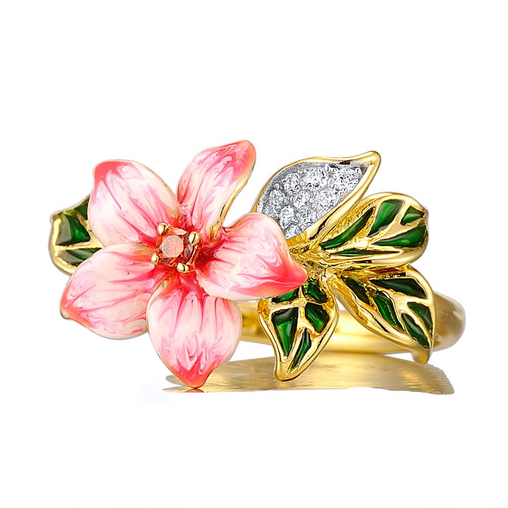 SANTUZZA Silver Ring For Women Authentic 925 Sterling Silver Pink Blooming Flower Charming Jewelry Handmade Enamel