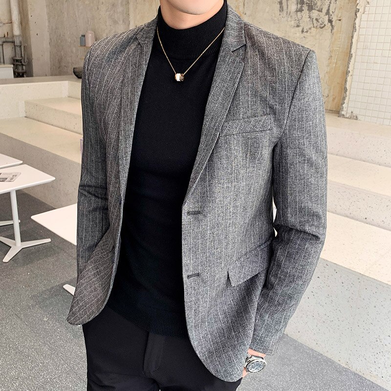 Black White Stripe Men Blazer Masculino Business Social Slim Fit Men Suit Jacket Homens Blazer Male Stylish Blazers For Men: Gray / Korean M