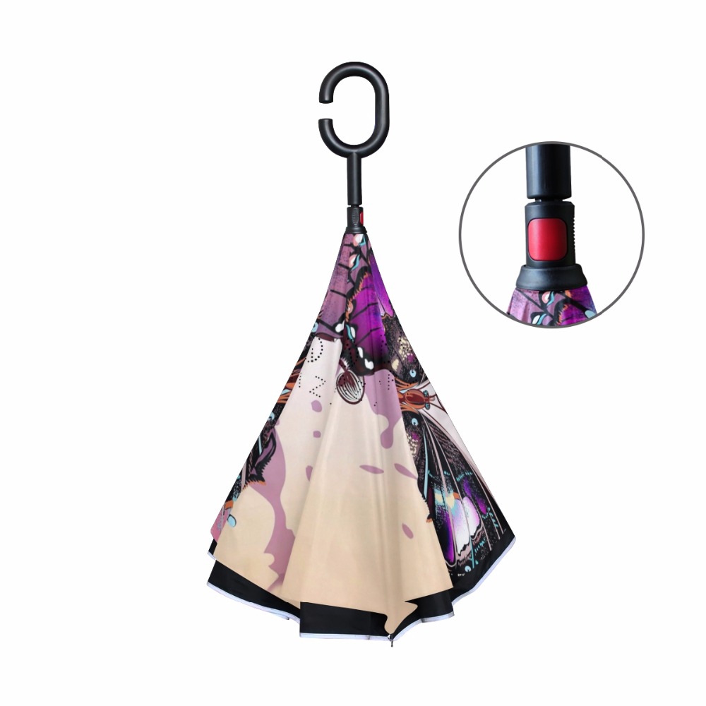 Creativo Farfalla Doppio Strato Invertito Ombrelli Antivento inversione Ombrello auto Del Basamento di Protezione Contro La Pioggia C-Gancio Mani per auto