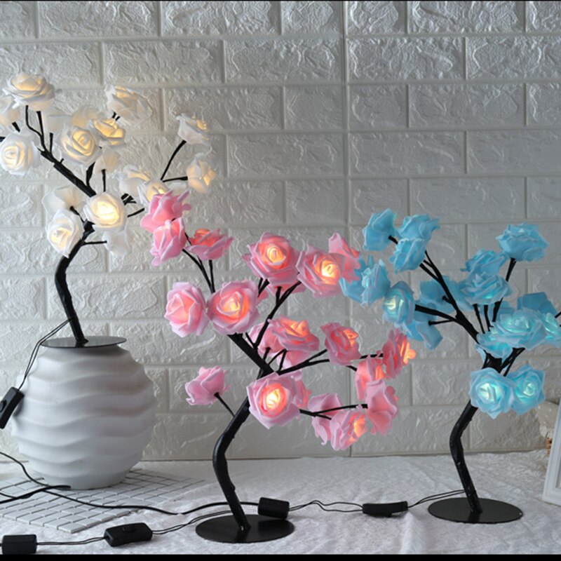 Lámpara de mesa con forma de rosa con flores y árbol de rosas para sala de estar y dormitorio SKD88