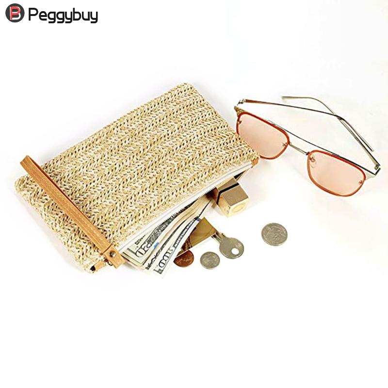 Womens Straw Clutch Bag Bohemian Zomer Strand Stro Portemonnee Rits Polsbandje Portefeuilles Voor Vrouwen