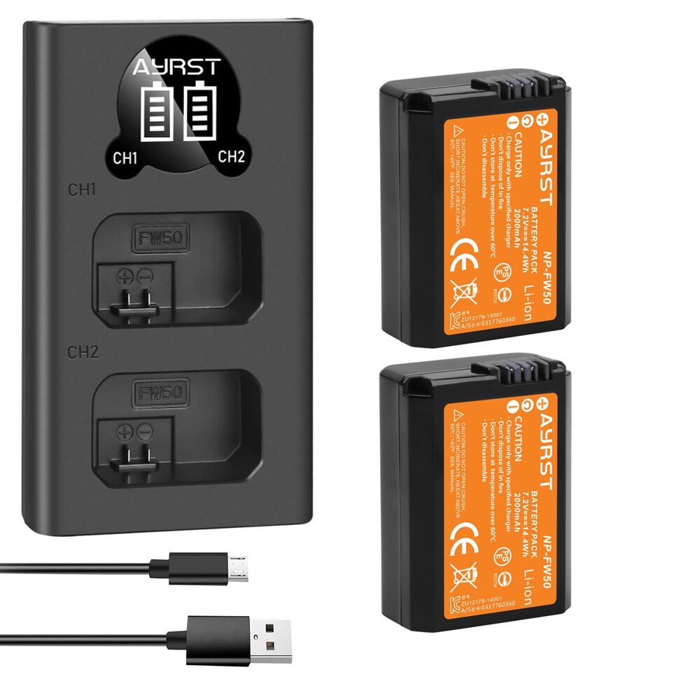 2000mah NP-FW50 NP FW50 Batterie Per Foto/Videocamera + Doppio LED Del caricatore DEL USB PER Sony Alpha a6300 a6500 a7 7R a7R a7R II a7II NEX-3 a7S NEX-7: 2Batteryand1charger