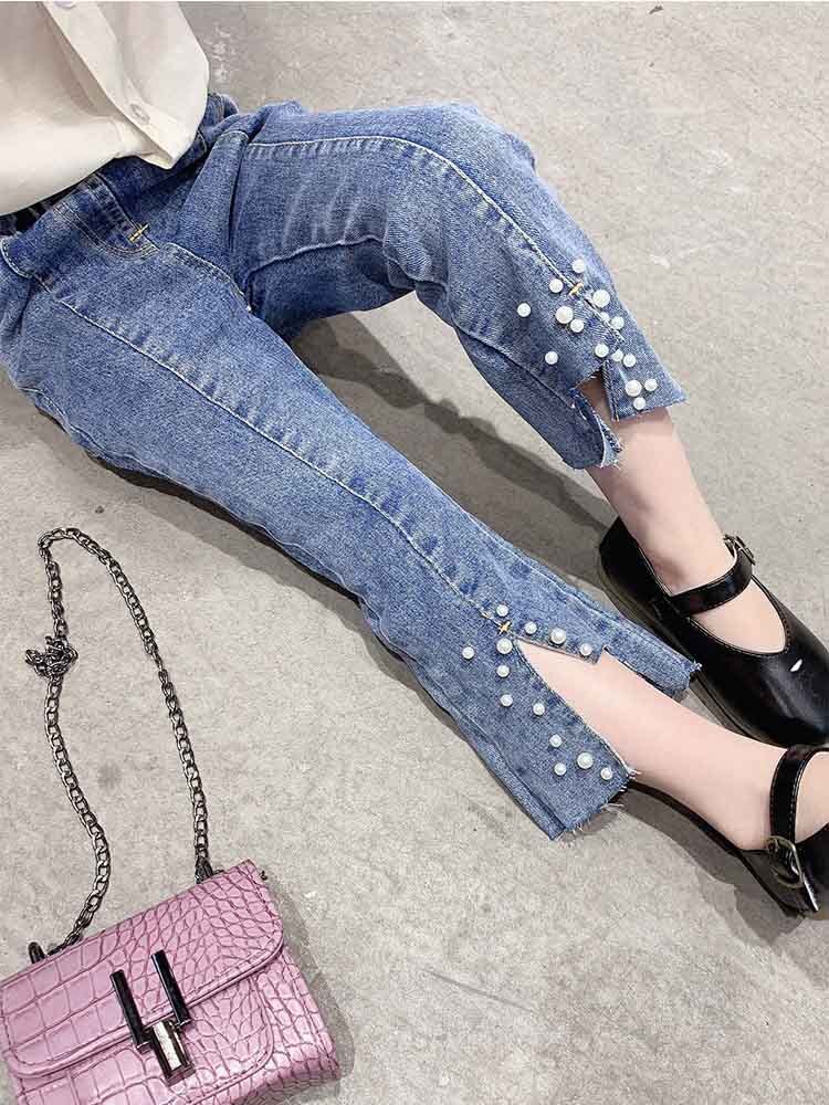 automne nouveauté filles Denim pantalon avec perle filles pantalon jean: 4T