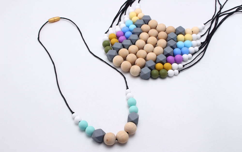 chewable silicone+original wood beads necklace baby teething teether holder toy diy teething necklace for mom no BPA