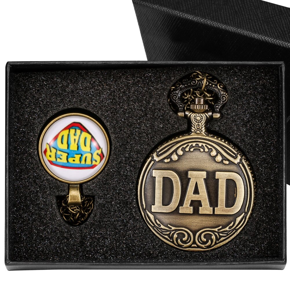 Vaders Dag Quartz Zakhorloge Hollow Gesneden Dad Zakhorloge Retro Creatieve Hanger Klok Ketting Ketting Super Dad: Watch Gift Set 1